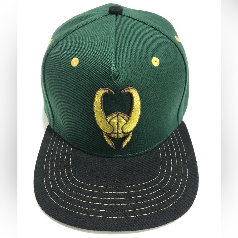 Loki Gold 3D Emblem Flat Rim Hat Green SnapBack Baseball Cap OSFM NEW - Picture 8 of 8
